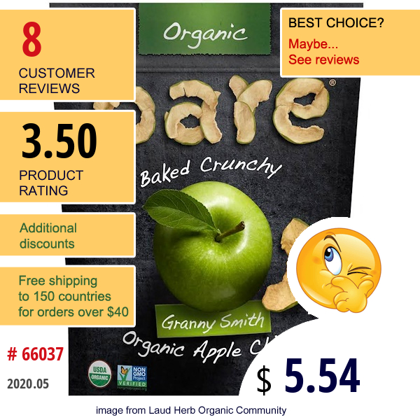 Bare Snacks, Baked Crunchy, Organic Apple Chips, Granny Smith , 3 Oz (85 G)  