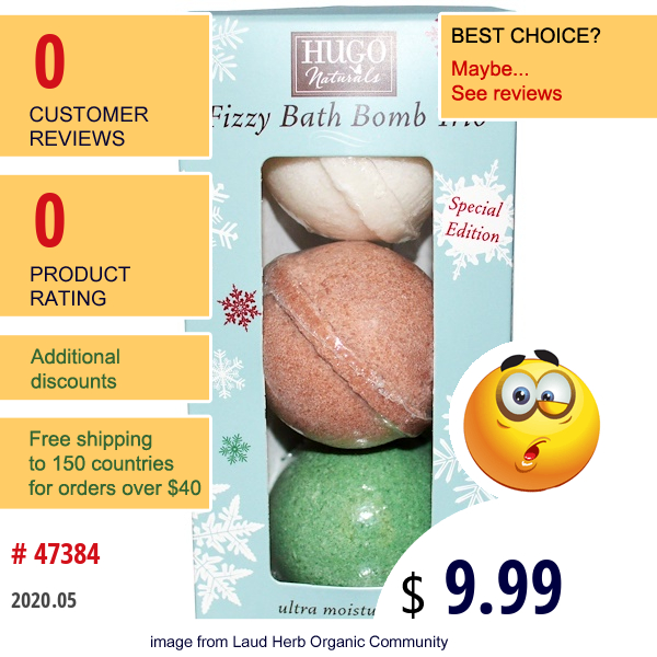 Hugo Naturals, Fizzy Bath Ball Trio, 3 Bath Balls, 3 Oz Each  