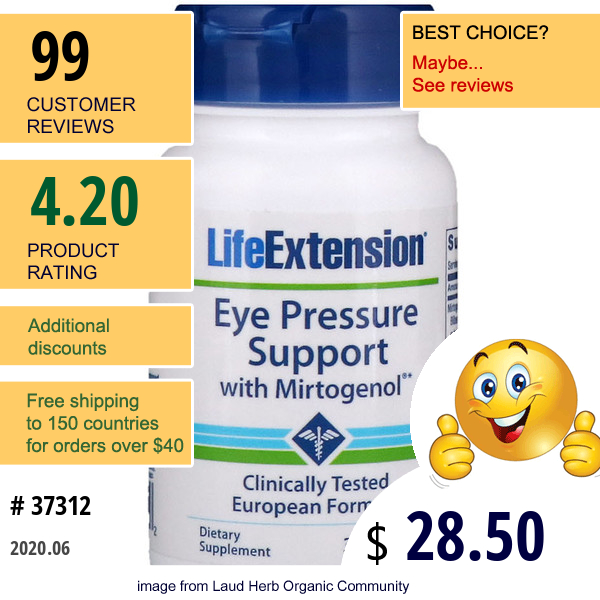 Life Extension, Eye Pressure Support With Mirtogenol, 30 Vegetarian Capsules