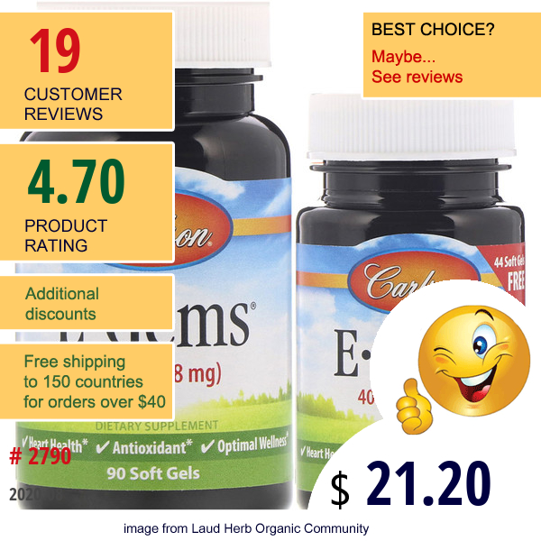 Carlson Labs, E-Gems, 268 Mg (400 Iu), 2 Bottles, 90 Softgels + 44 Soft Gels Carlson Labs, E-Gems, 268 Mg (400 Iu), 2 Bottles, 90 Softgels + 44 Soft Gels
