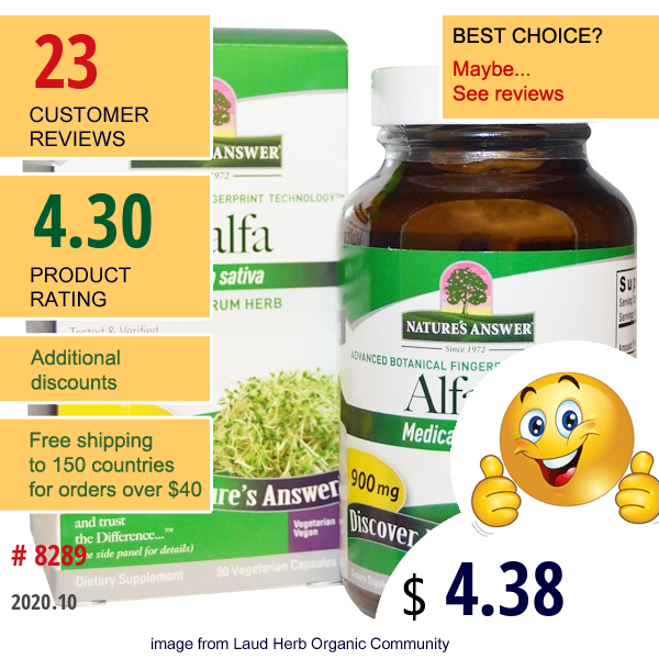 Nature'S Answer, Alfalfa, Full Spectrum Herb, 900 Mg, 90 Vegetarian Capsules  