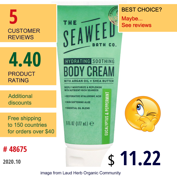 The Seaweed Bath Co., Hydrating Soothing Body Cream, Eucalyptus & Peppermint, 6 Fl Oz (177 Ml)  