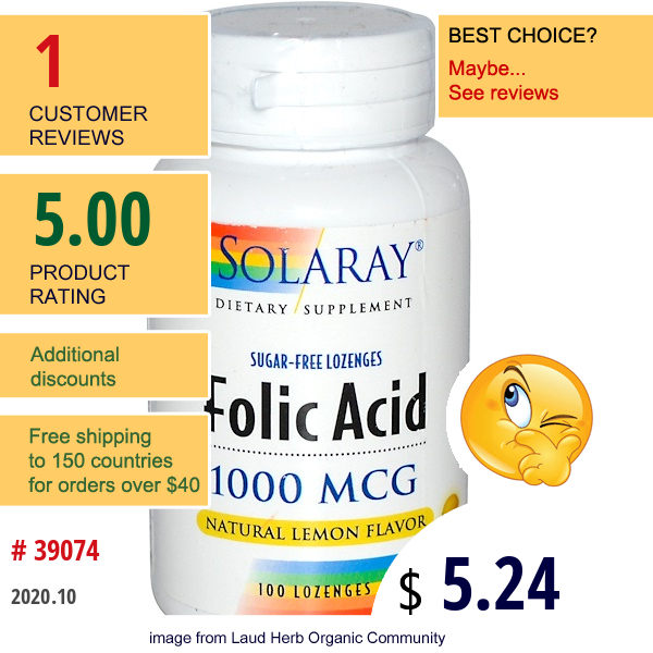 Solaray, Folic Acid, Sugar-Free, Natural Lemon Flavor, 1,000 Mcg, 100 Lozenges  