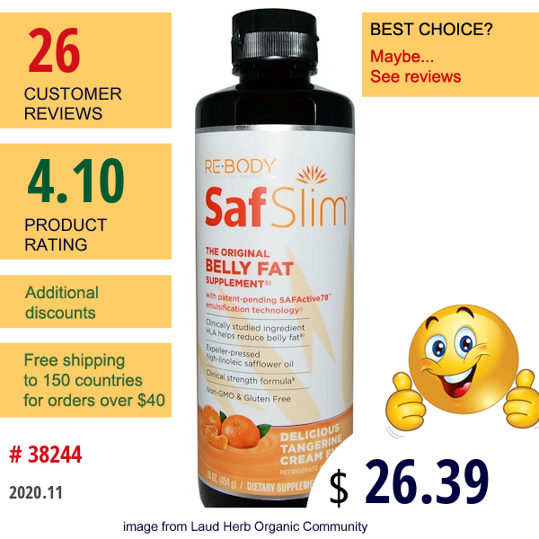 Rebody Safslim, The Original Belly Fat Supplement, Delicious Tangerine Cream Fusion, 16 Oz (454 G)  