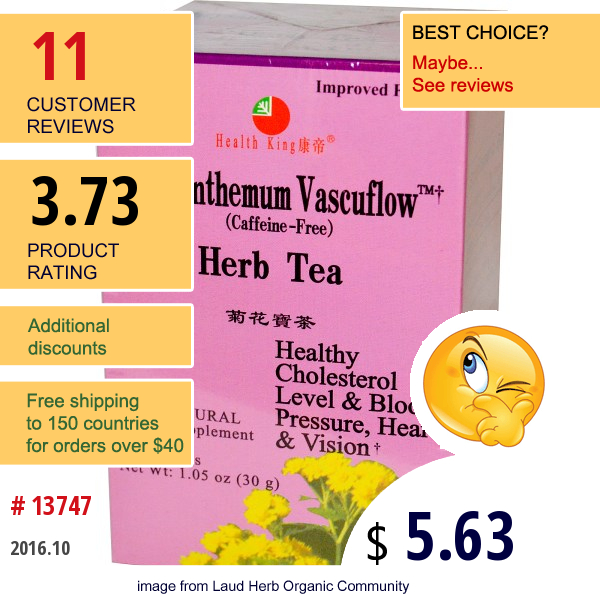 Health King, Chrysanthemum Vascuflow Herb Tea, Caffeine Free, 20 Tea Bags, 1.05 Oz (30 G)