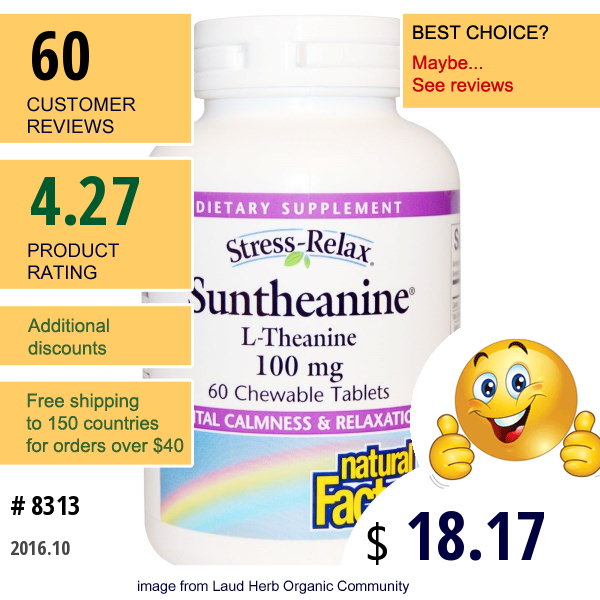 Natural Factors, Stress-Relax, Suntheanine, L-Theanine, 100 Mg, 60 Chewable Tablets