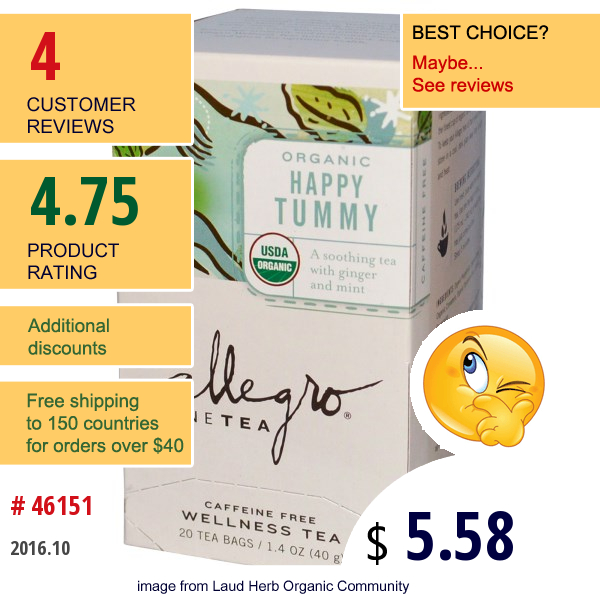 Allegro Fine Tea, Organic Wellness Tea, Happy Tummy, Caffeine Free, 20 Tea Bags, 1.4 Oz (40 G)