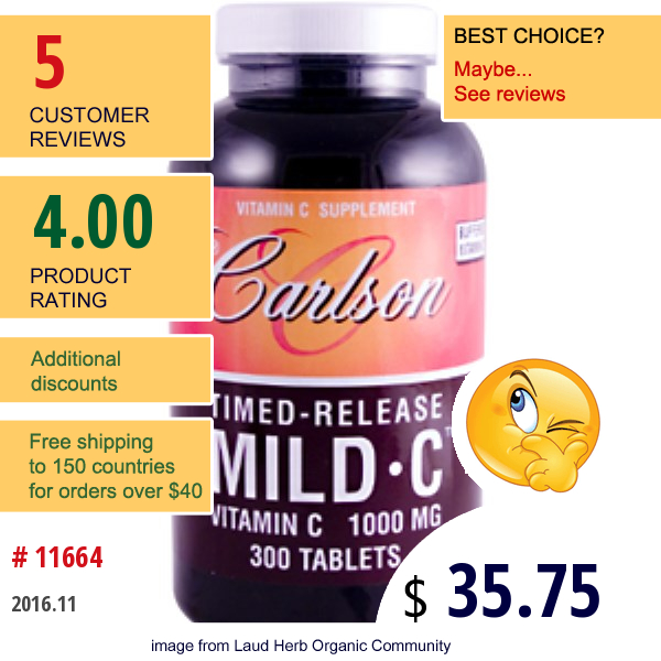 Carlson Labs, Mild·c, Timed-Release, 1000 Mg, 300 Tablets  