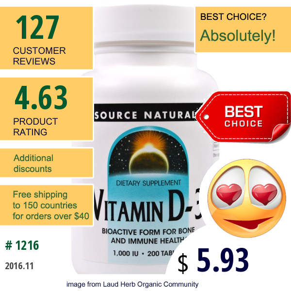 Source Naturals, Vitamin D-3, 1,000 Iu, 200 Tablets