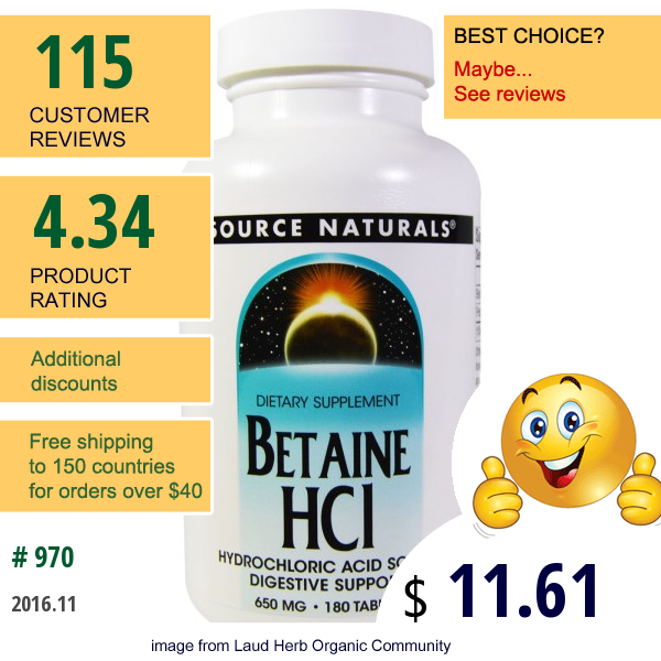 Source Naturals, Betaine Hcl, 650 Mg, 180 Tablets
