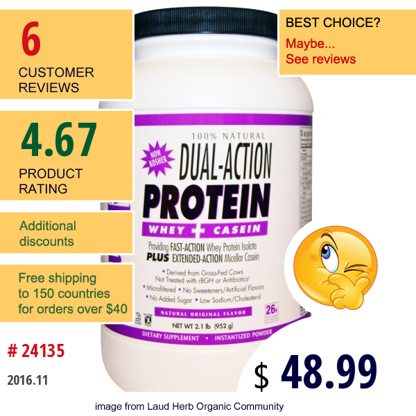 Bluebonnet Nutrition, 100% Natural Dual-Action Protein Whey + Casein, Natural Original Flavor, 2.1 Lb (952 G)