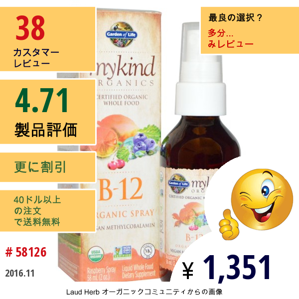 Garden Of Life, マイカインド オーガニクス, B-12 オーガニックスプレー, ラズベリー, 2 オンス (58 Ml)