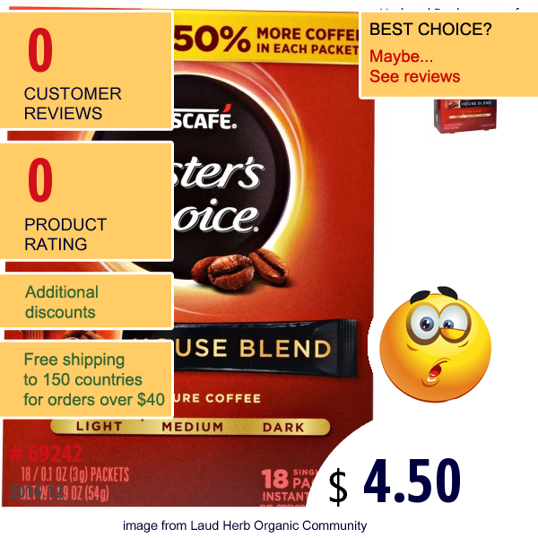 Nescafé, Tasters Choice, Instant Coffee, House Blend, 18 Single Serve Packets, 0.1 Oz (3 G) Each