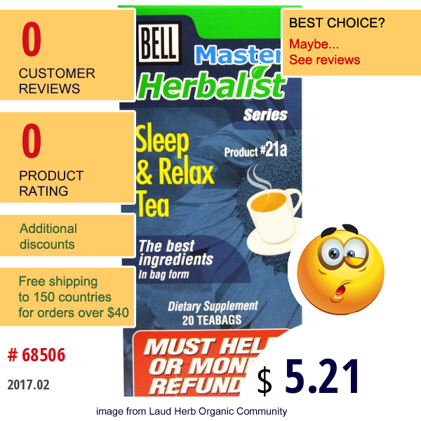 Bell Lifestyle, Master Herbalist Series, Sleep & Relax Tea, 20 Teabags, 1.5 G Each