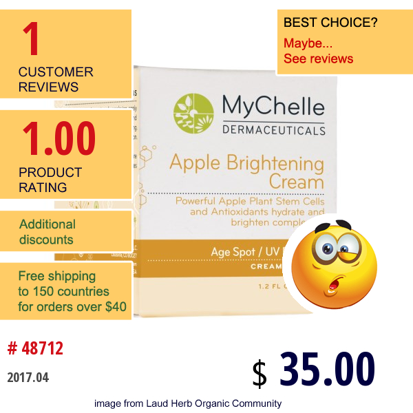 Mychelle Dermaceuticals, Apple Brightening Cream, Age Spot/uv Recovery, Step 5, 1.2 Fl Oz (35 Ml)  