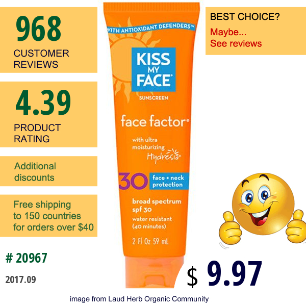 Kiss My Face, Sunscreen, Face Factor, Face + Neck, Spf 30, 2 Fl Oz (59 Ml)