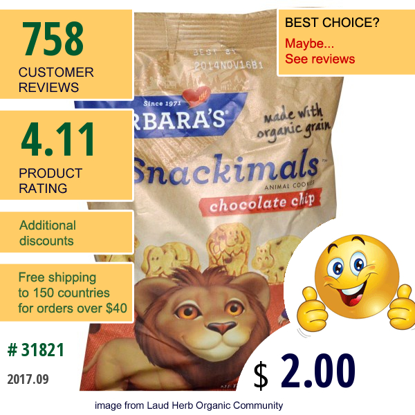 Barbaras Bakery, Snackimals, Animal Cookies, Chocolate Chip, 2.125 Oz (60 G)