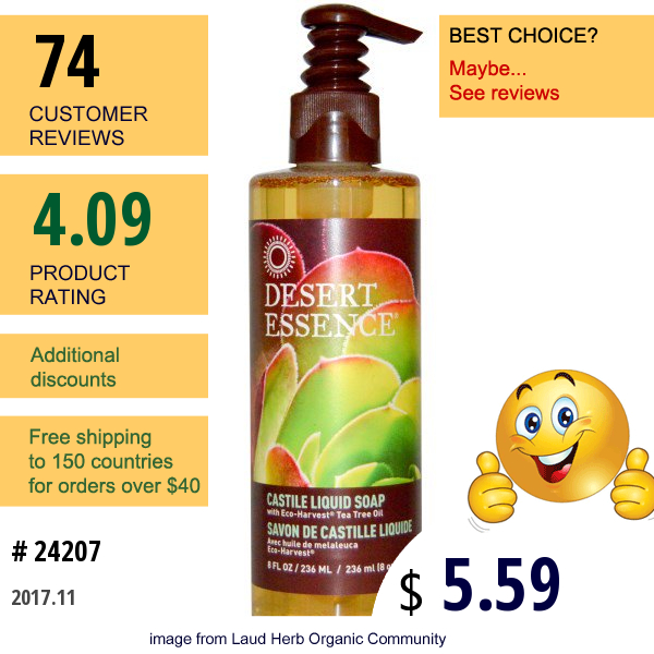 Desert Essence, Castile Liquid Soap, With Eco-Harvest Tea Tree Oil, 8 Fl Oz (236 Ml)