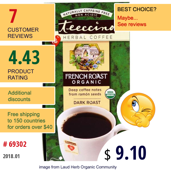 Teeccino, Herbal Coffee, Dark Roast, Organic French Roast, Caffeine Free, 25 Tee-Bags, 5.3 Oz (150 G)
