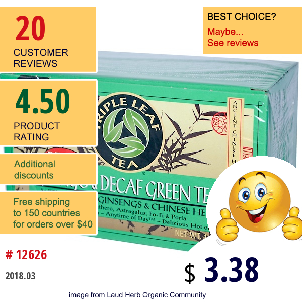 Triple Leaf Tea, Ginkgo & Decaf Green Tea, 20 Tea Bags, 1.4 Oz (40 G)