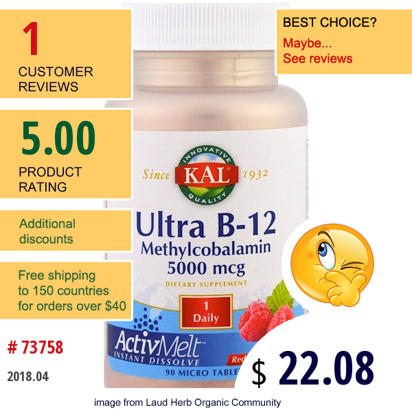 Kal, Ultra B-12 Methylcobalamin, Red Raspberry, 5000 Mcg, 90 Micro Tablets