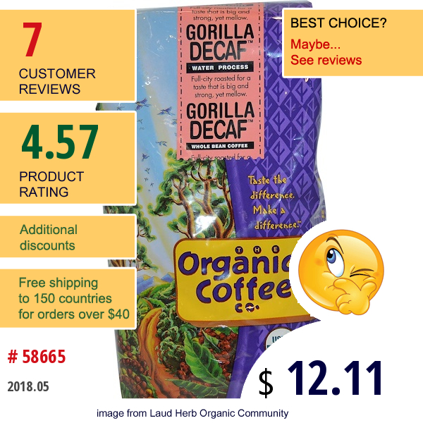 Organic Coffee Co., Gorilla Decaf, Whole Bean Coffee, 12 Oz (340 G)  