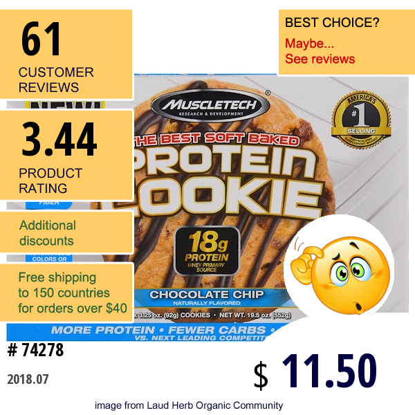 Muscletech, Protein Cookie, Chocolate Chip, 6 Cookies, 3.25 Oz (92 G) Each