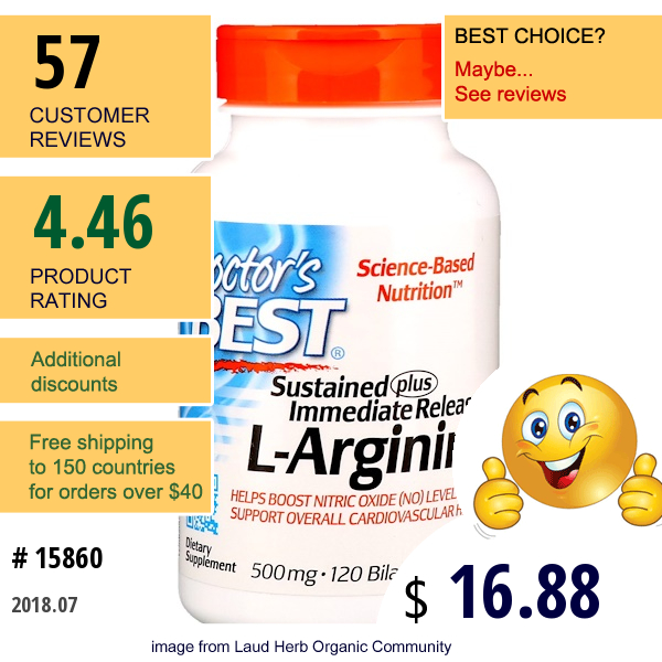 Doctors Best, Sustained Plus Immediate Release L-Arginine, 500 Mg, 120 Bilayer Tablets