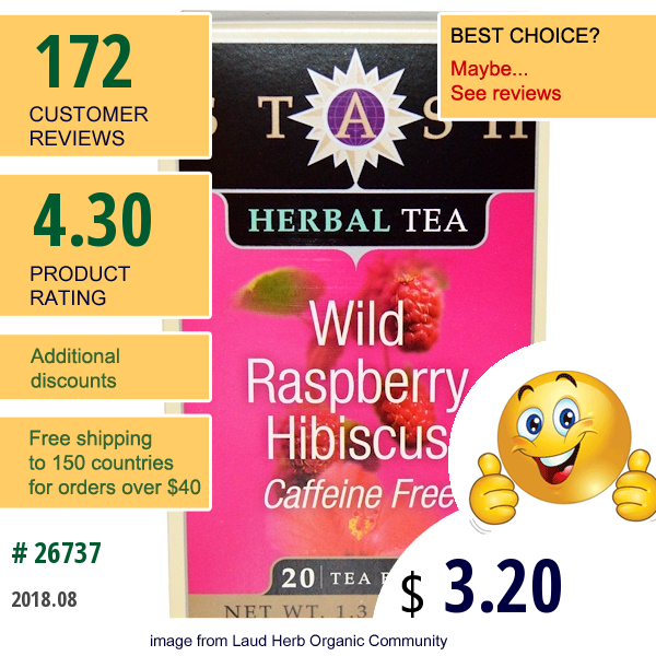 Stash Tea, Premium, Herbal Tea, Wild Raspberry Hibiscus, Caffeine Free, 20 Tea Bags,1.3 Oz (38 G)