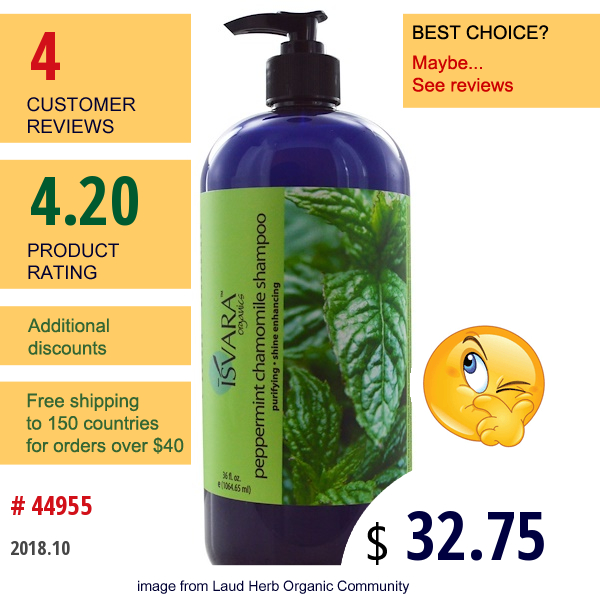 Isvara Organics, Shampoo, Peppermint Chamomile, 36 Fl Oz (1064.65 Ml)  