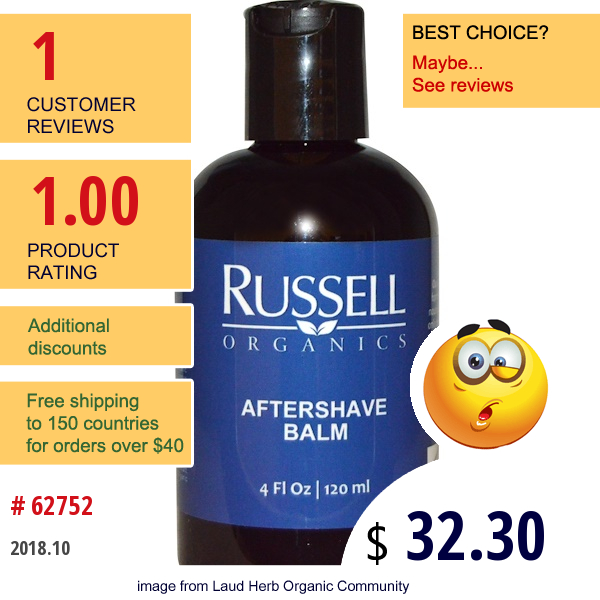 Russell Organics, After Shave Balm, 4 Fl Oz (120 Ml)  