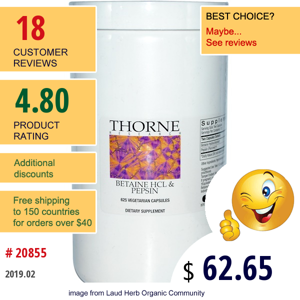 Thorne Research, Betaine Hcl & Pepsin, 625 Veggie Caps  