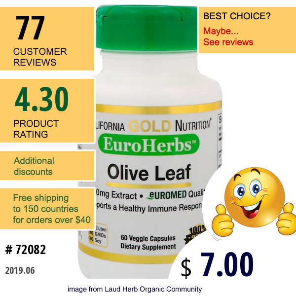 California Gold Nutrition, Olive Leaf Extract, Euroherbs, European Quality, 500 Mg, 60 Veggie Capsules