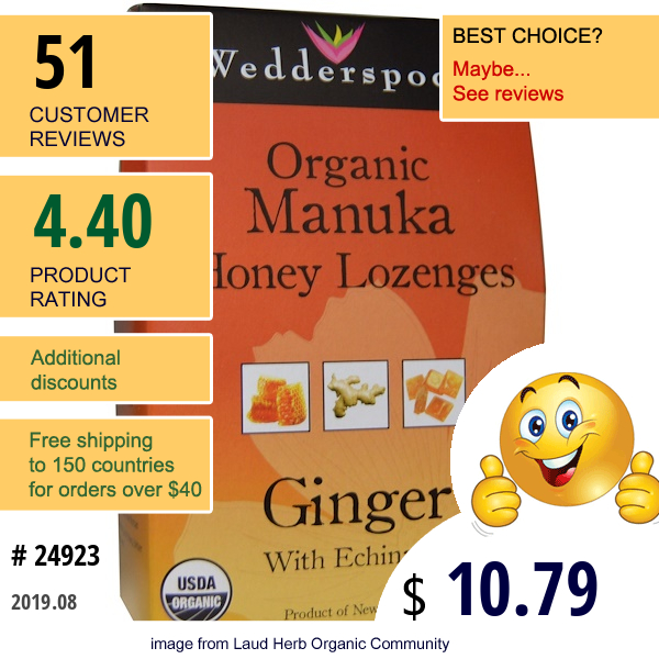 Wedderspoon, Organic Manuka Honey Lozenges, Ginger, With Echinacea, 4 Oz (120 G)  