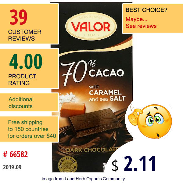 Valor, Dark Chocolate, 70% Cacao, With Caramel And Sea Salt, 3.5 Oz (100 G)
