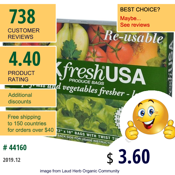 Peakfresh Usa, Produce Bags, Reusable, 10 - 12&Quot; X 16&Quot; Bags, With Twist Ties