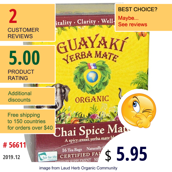 Guayaki, Organic Chai Spice Mate Tea, 16 Tea Bags, 1.41 Oz (40 G)  