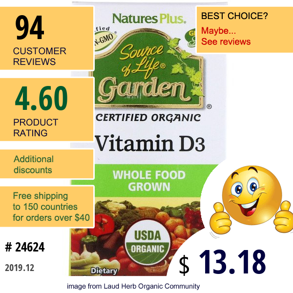 Nature'S Plus, Source Of Life, Garden, Vitamin D3, 60 Veggie Caps Nature'S Plus, Source Of Life, Garden, Vitamin D3, 60 Veggie Caps