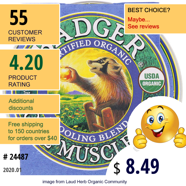 Badger Company, Organic Sore Muscle Rub, Cooling Blend, 2 Oz (56 G)