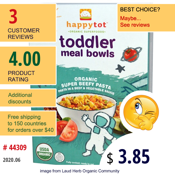 Happy Family Organics, Happytot, Toddler Meal Bowls, Super Beefy Pasta, 6 Oz (170 G)  