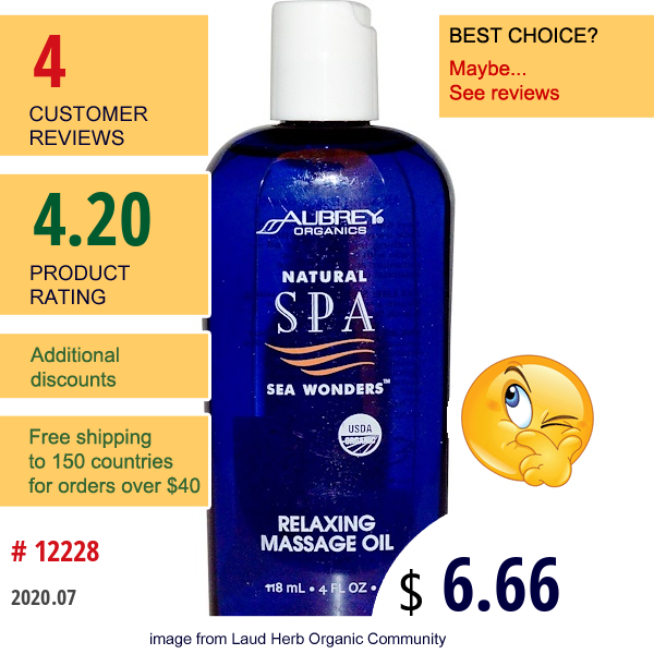 Aubrey Organics, Natural Spa Sea Wonders, Relaxing Massage Oil, 4 Fl Oz (118 Ml)  