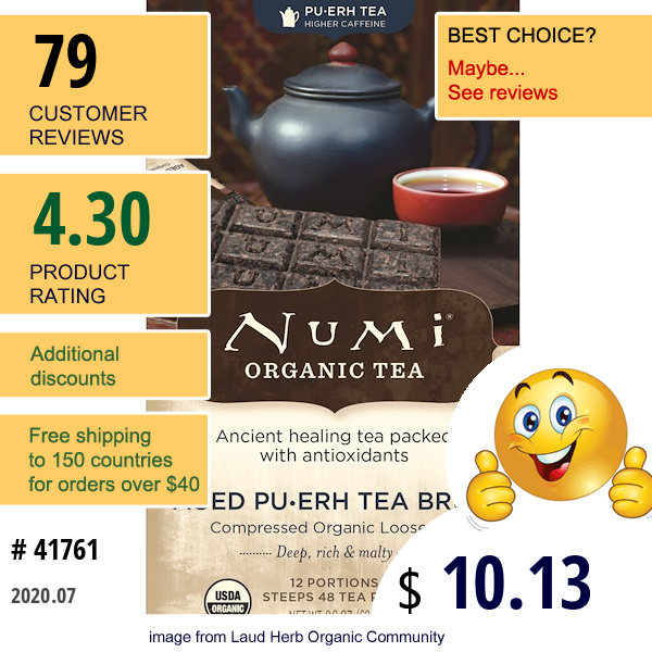 Numi Tea, Organic Tea, Pu-Erh Tea, Aged Pu-Erh Tea Brick, 2.2 Oz (63 G)