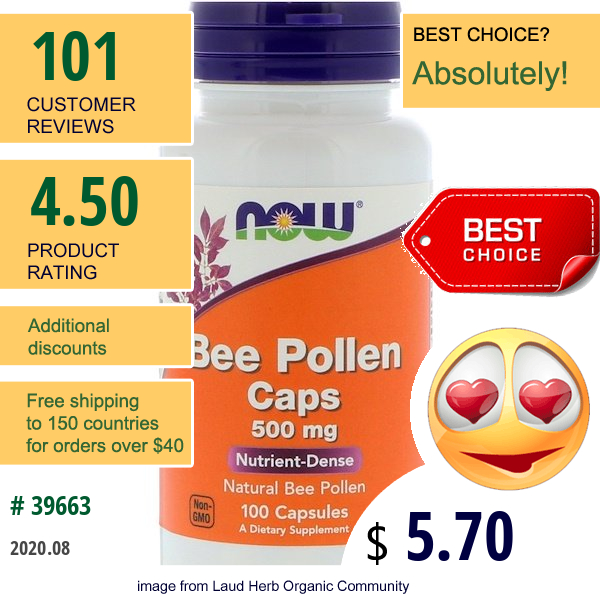 Now Foods, Bee Pollen Caps, 500 Mg, 100 Capsules