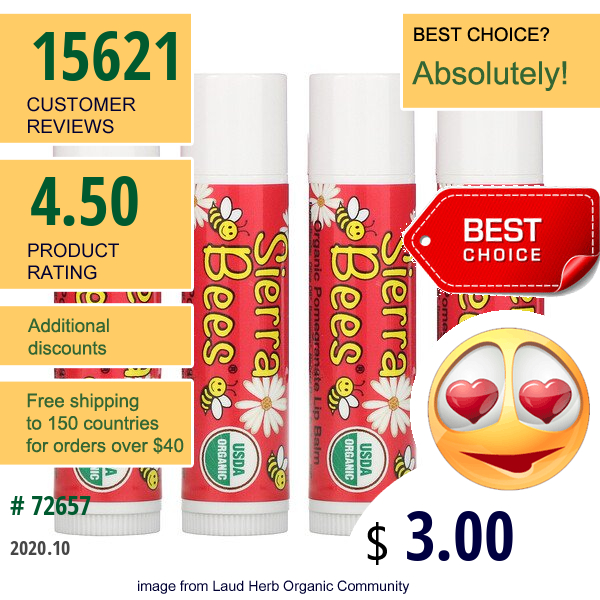 Sierra Bees, Organic Lip Balms, Pomegranate, 4 Pack, .15 Oz (4.25 G) Each