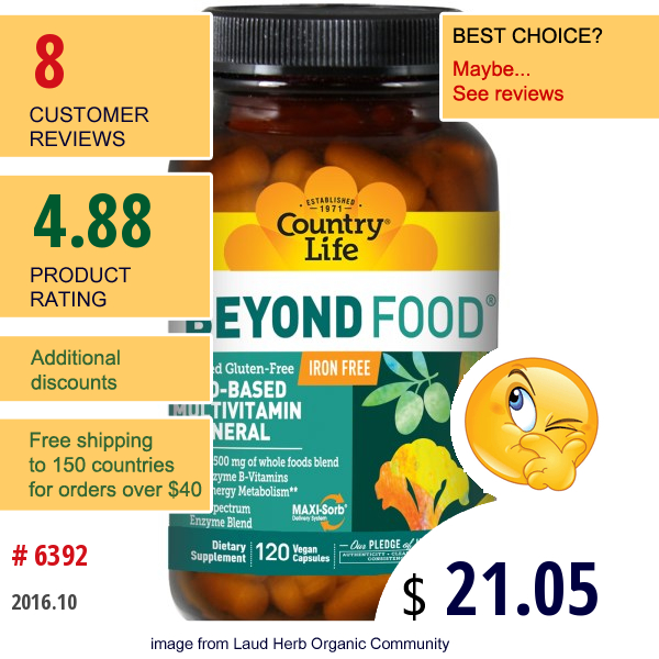 Country Life, Beyond Food, Multivitamin & Mineral, Iron Free, 120 Vegan Caps