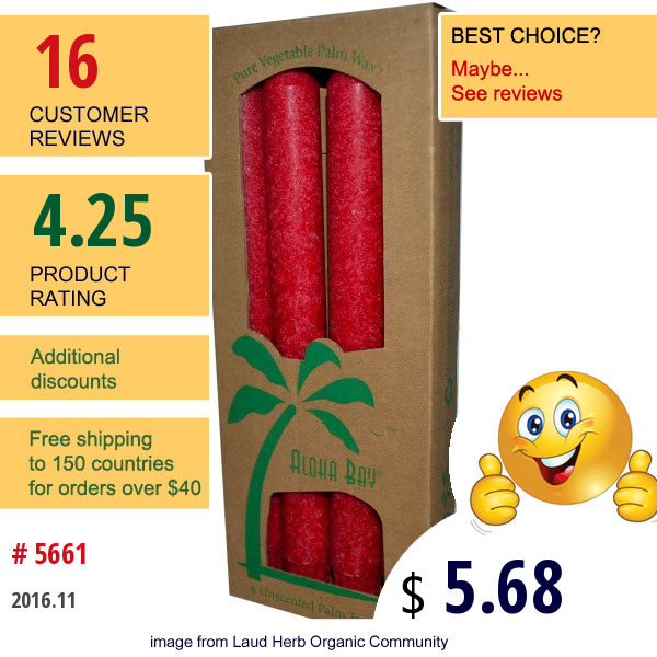 Aloha Bay, Palm Wax Taper Candles, Unscented, Red,  4 Pack, 9 In (23 Cm) Each 