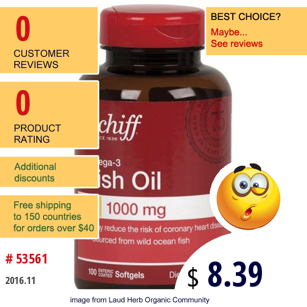 Schiff, Fish Oil, Omega-3 , 1000 Mg, 100 Enteric Coated Softgels  