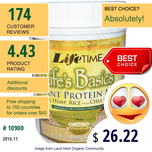 Life Time, Lifes Basics, Plant Protein Mix, Natural Vanilla Flavor, 18.52 Oz (525 G)