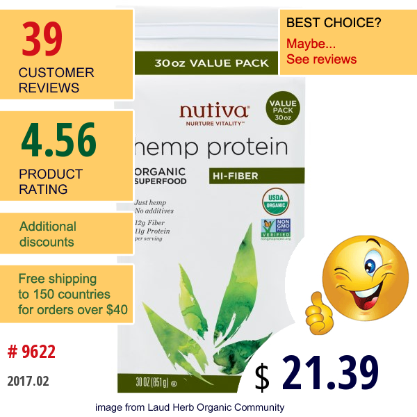 Nutiva, Organic Hemp Protein, Hi-Fiber, 30 Oz (851 G)