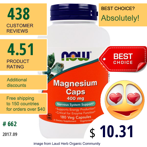 Now Foods, Magnesium Caps, 400 Mg, 180 Veggie Caps